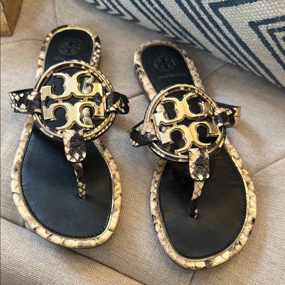 Tory Burch Black and Gold snake print miller sandals